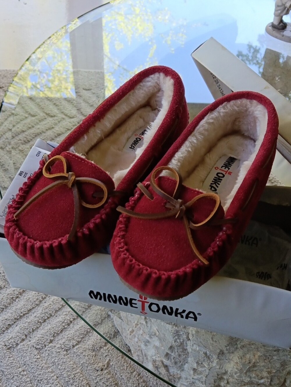 Minnetonka Red Suede Moccasin Slippers with Tan Bow Size 5M